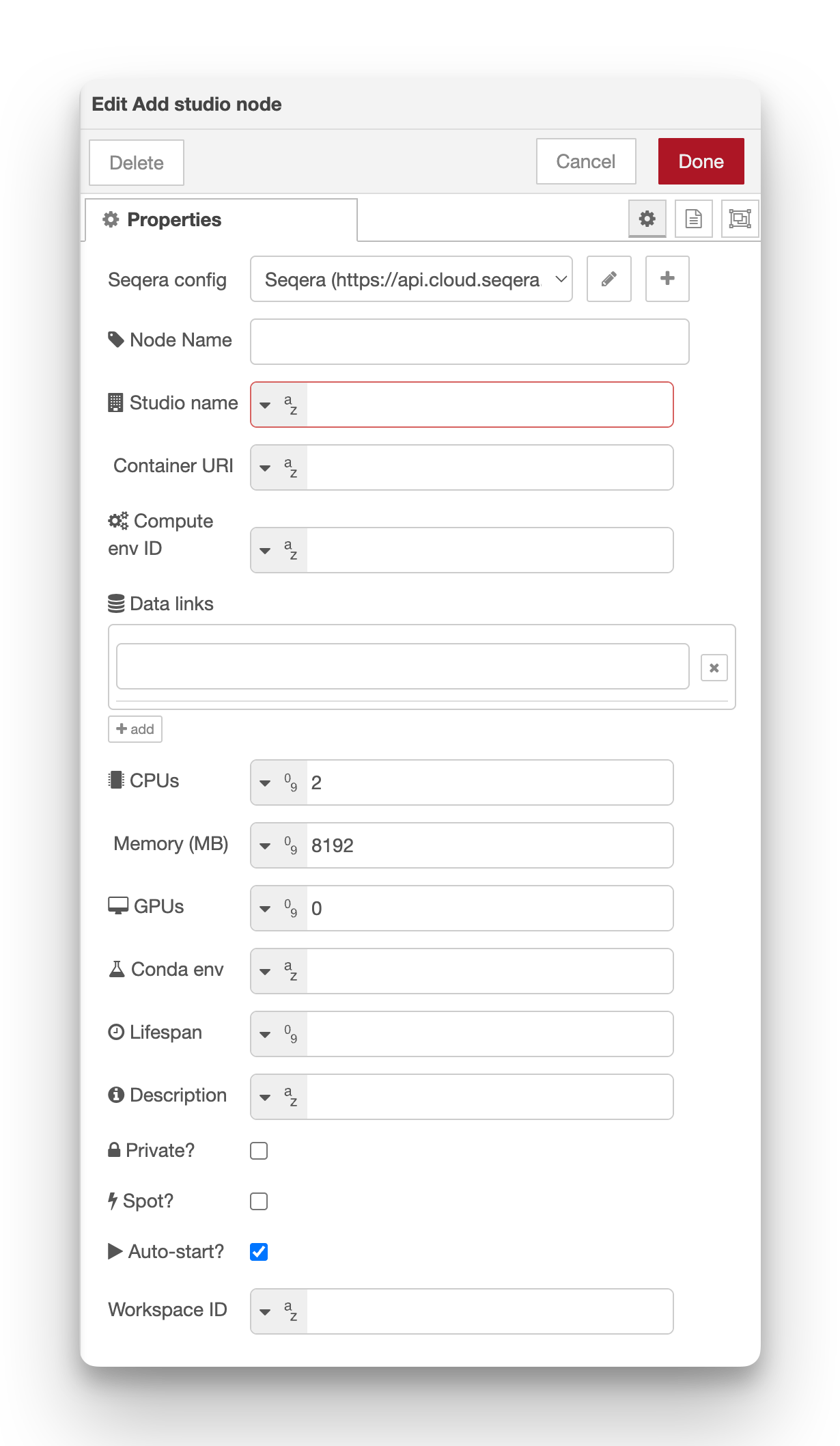 add studio node edit panel