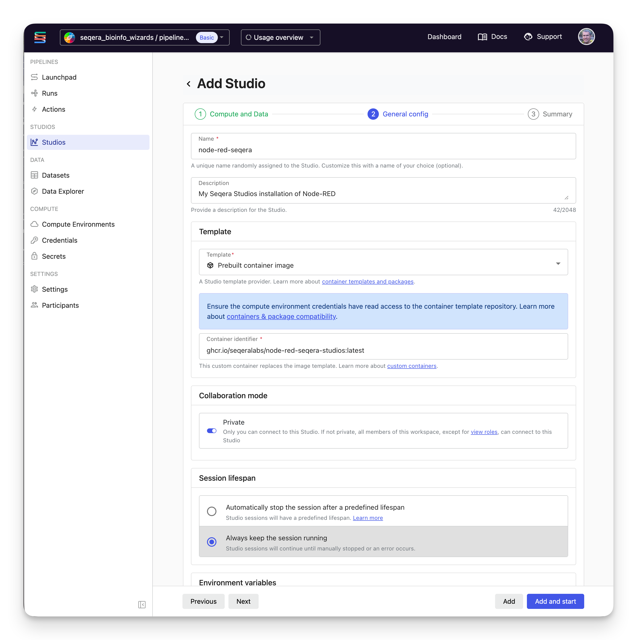 Seqera Studios setup